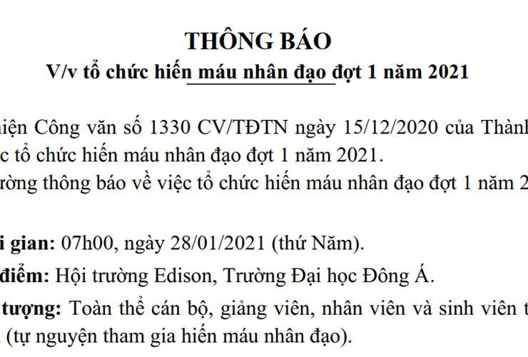 Thông báo tổ chức hiến máu nhân đạo đợt 1 năm 2021