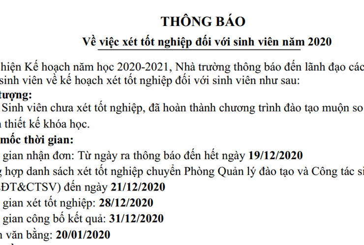 THÔNG BÁO XÉT TỐT NGHIỆP THÁNG 12/2020