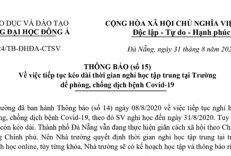 THÔNG BÁO (SỐ 15): Tiếp tục kéo dài thời gian nghỉ học tập trung tại Trường để phòng, chống dịch bệnh Covid 19